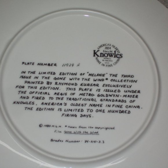 Vintage "Melanie" Gone With The Wind plate, Numbered 11729 - Picture 5 of 5
